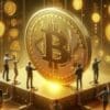 Złote pomieszczenie, w którym entuzjaści Bitcoina obserwują ogromną monetę BTC.