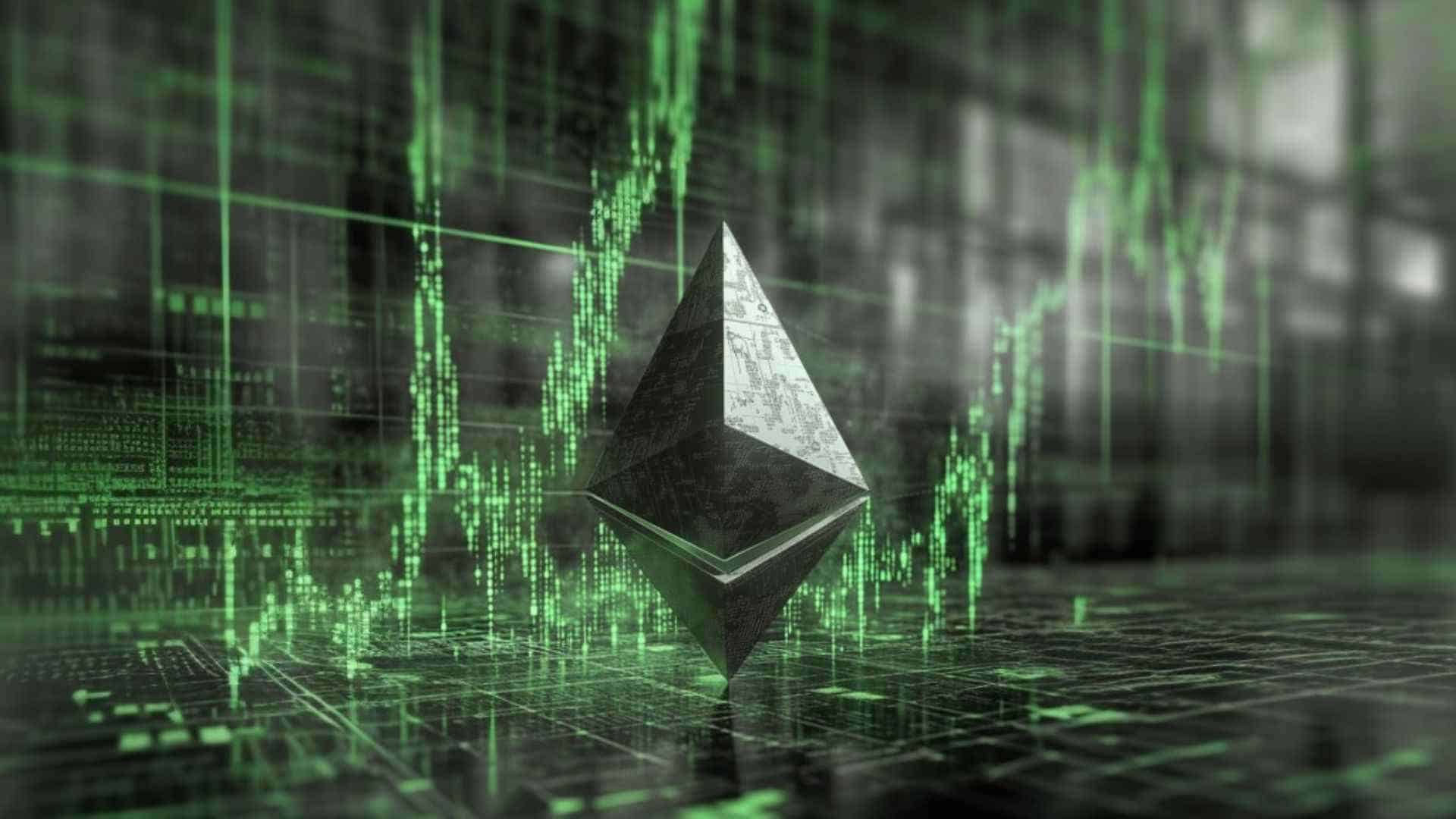 Logo Ethereum, w tle wykres giełdowy.