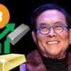 Uśmiechnięty Robert Kiyosaki. W tle Bitcoin, złoto, srebro i wykres wzrostu.