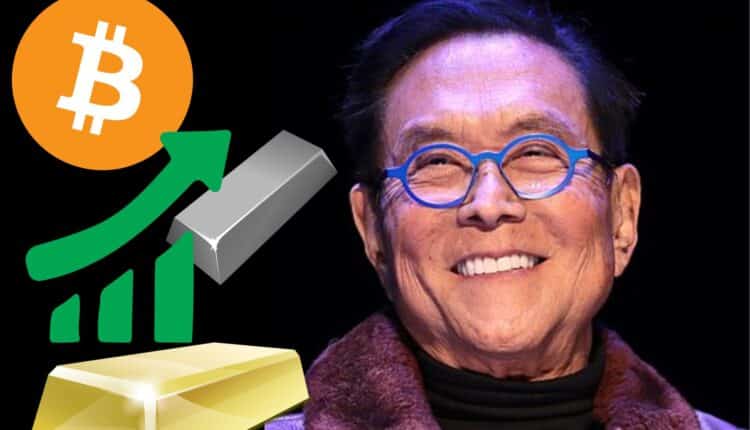 Uśmiechnięty Robert Kiyosaki. W tle Bitcoin, złoto, srebro i wykres wzrostu.