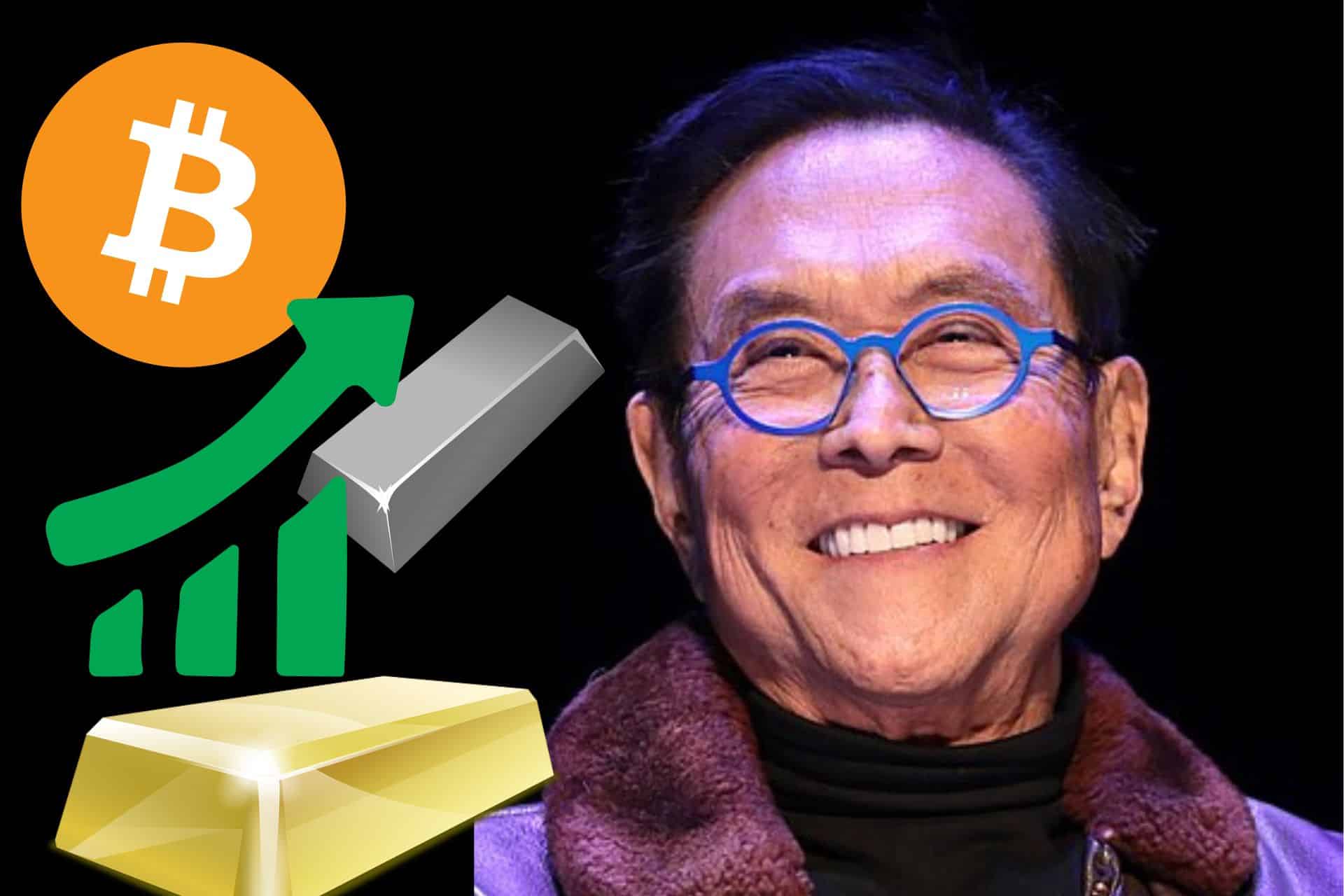 Uśmiechnięty Robert Kiyosaki. W tle Bitcoin, złoto, srebro i wykres wzrostu.