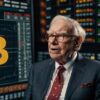 Zaskoczony Warren Buffett spogląda na Bitcoina. W tle wykresy giełdowe.
