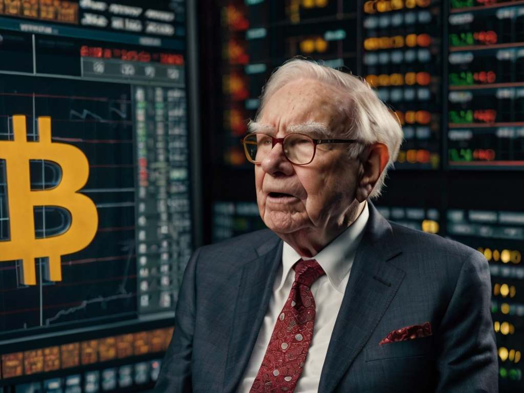 Zaskoczony Warren Buffett spogląda na Bitcoina. W tle wykresy giełdowe.