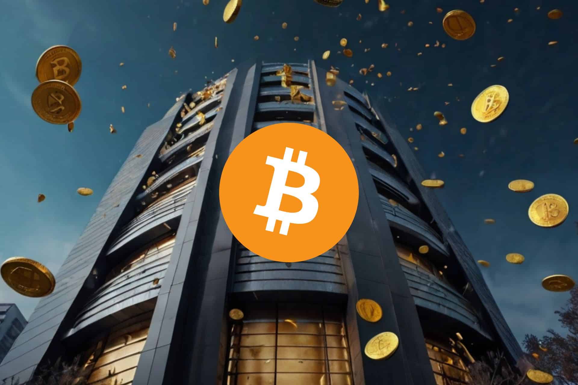 Deszcz Bitcoinów, w tle bank z logo BTC.