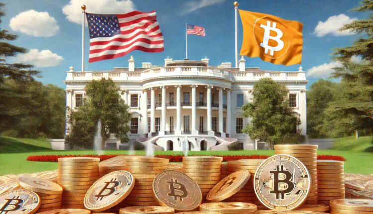 biały dom, pod nim monety Bitcoin i flaga Bitcoin obok flagi USA