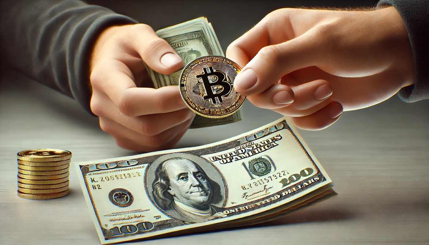 obrazek przedstawia transakcję kupna tokena bitcoin za 100 dolarów