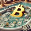 surrealistyczny obrazek przedstawiający symbol kryptowaluty bitcoin biorący kąpiel w z banknotami dolarowymi