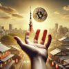 moneta btc spadająca z nieba łapana na tle krajobrazu Japonii