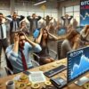 inwestorzy w bitcoin w panice patrzący na wykresy największej kryptowaluty