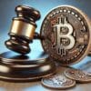 moneta bitcoin obok młotka sędziego, sądzącego aferę wokół banku silvergate