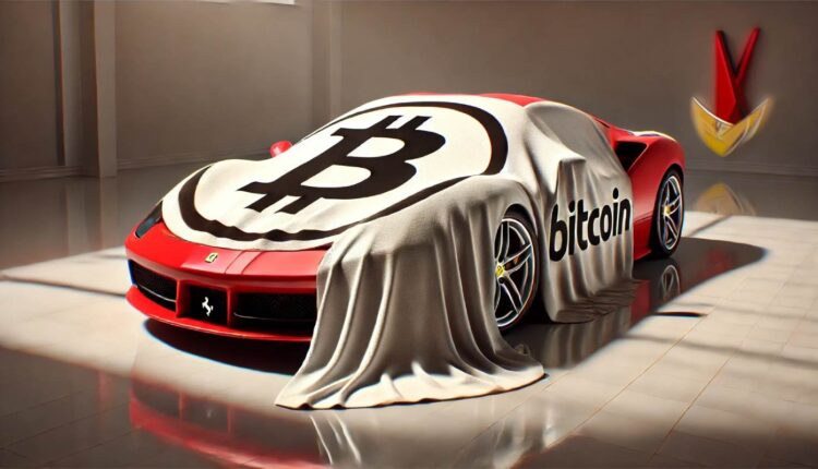 Samochód ferrari pod płachtą z logo bitcoin