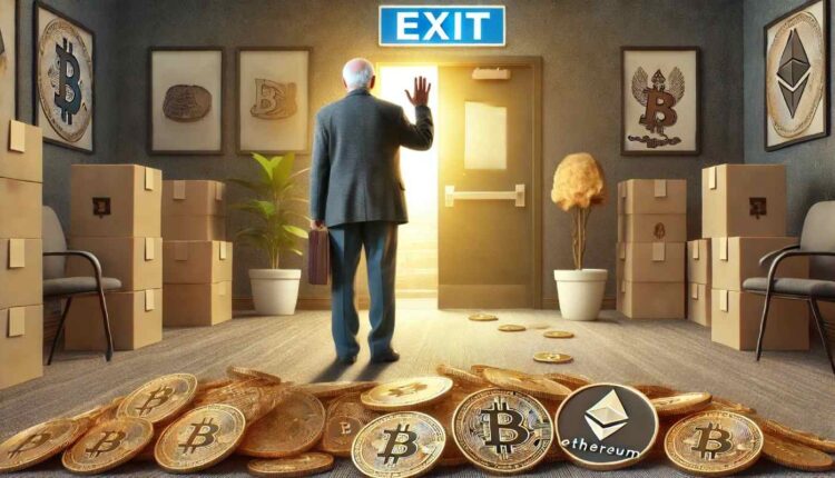 trader odchodzący na krypto emeryturę, żegnający się gestem uniesionej dłoni