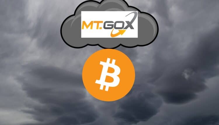 Czarna chmura z logo Mt. Gox na Bitcoinem. W tle ciemne chmury.