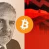 Peter Schiff po lewej, czerwony niedźwiedź na czerwonym tle po prawej, pośrodku bitcoin