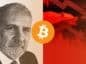 Peter Schiff po lewej, czerwony niedźwiedź na czerwonym tle po prawej, pośrodku bitcoin