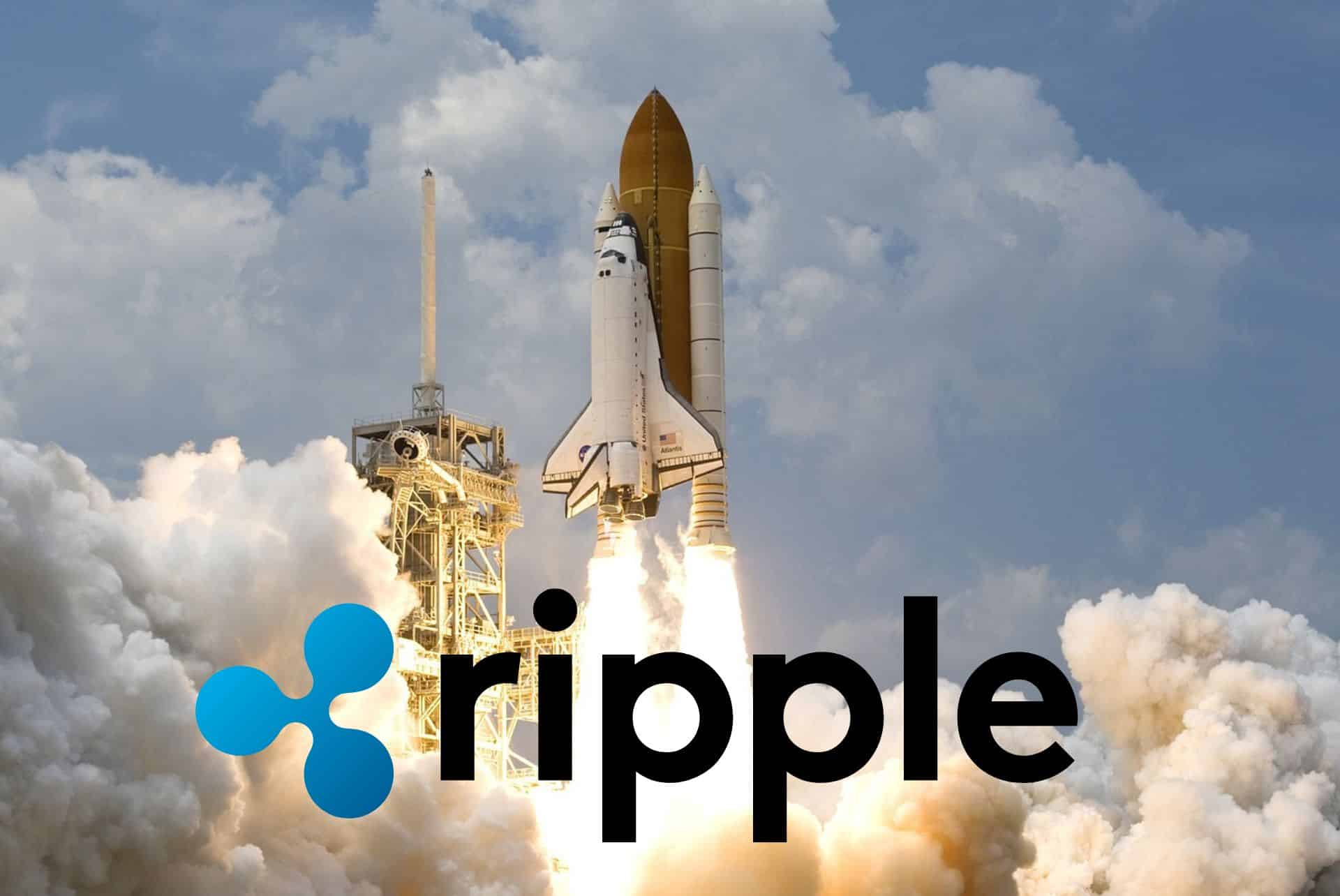 Logo Ripple, w tle start rakiety.