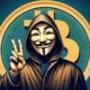 anonimowa postać Satoshiego Nakamoto, twórcy Bitcoina, w tle logo Bitcoina
