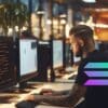 Programista w koszulce z logo Solana pracuje przy komputerze.