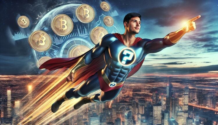 Superbohater leci nad miastem. W tle Bitcoiny.