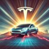 samochód marki tesla w centralnej części, nad nim logo marki tesla i bijące od niego promienie jasnego światła