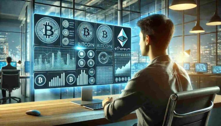 Trader wpatrzony w wykresy BTC na wielkim monitorze komputera.