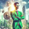 Zamyślony inwestor spogląda przed siebie, w tle metropolia i monety Ethereum.