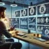 Trader obserwujący wykresy BTC na monitorach.