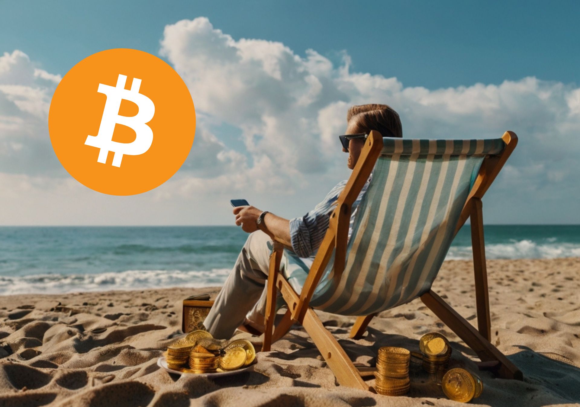 Milioner Bitcoin wygrzewa się na słonecznej plaży.