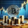 Stos monet, Bitcoin i wykresy giełdowe.
