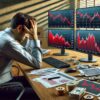 analityk krypto zaniepokojony stanem rynku, obok niego na biurku monety bitcoin