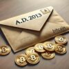 koperta z napisem AD 2013, obok monety bitcoin