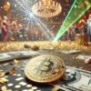 na pierwszym planie moneta bitcoin, w tle dolary i huczna impreza