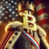 bitcoin przedstawiony jako król USA, w tle amerykańska flaga