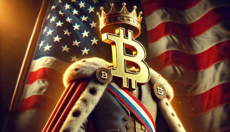 bitcoin przedstawiony jako król USA, w tle amerykańska flaga