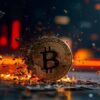 Bitcoin rozpadający się na kawałki. W tle wykresy giełdowe na czerwono.