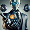 Robot AI z trzema kulami z logiem BTC, ETH, XRP