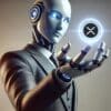 Humanoidalny robot w garniturze trzyma w ręce kryptowalutę XRP
