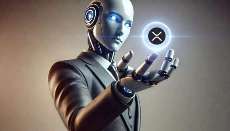 Humanoidalny robot w garniturze trzyma w ręce kryptowalutę XRP