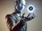 Humanoidalny robot w garniturze trzyma w ręce kryptowalutę XRP