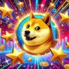 Doge w blasku gwiazd, w tle Bitcoiny.