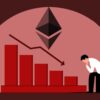 Czerwony wykres symbolizujący spadek, w tle logo Ethereum.
