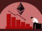 Czerwony wykres symbolizujący spadek, w tle logo Ethereum.