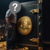 Gigant stojący obok ogromnego sejfu z Bitcoinami.