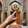 ręka wskazująca na drzwi z logo bitcoina, miejsce: iral
