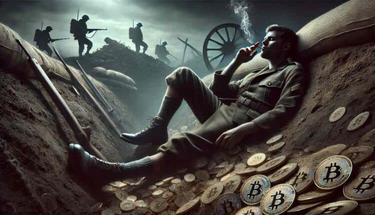 wyluzowany żołnierz w okopach, w jego otoczeniu monety bitcoin