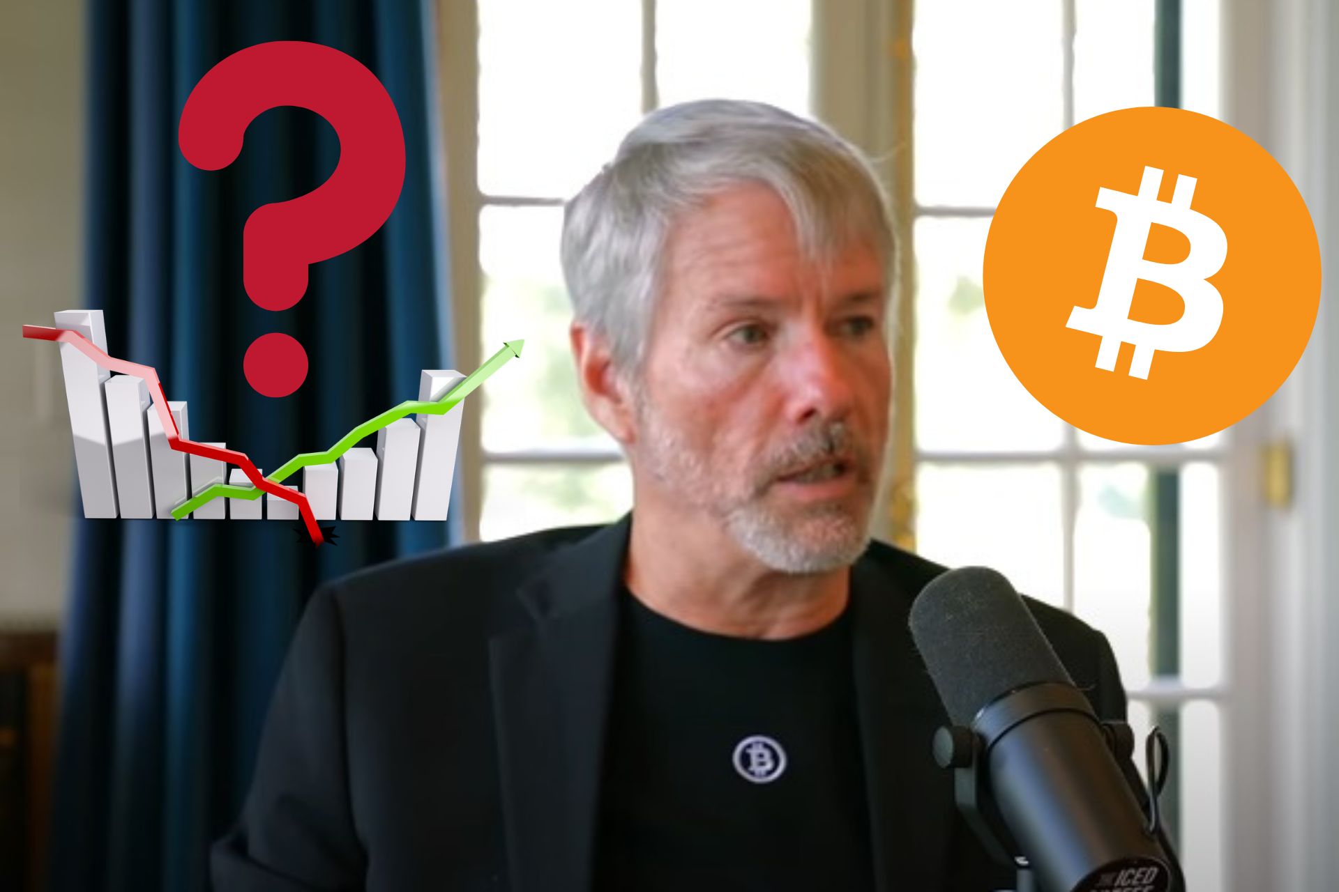 Michael Saylor w trakcie wywiadu, w tle Bitcoin i znak zapytania nad wykresami.