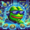 Pepe otoczony BItcoinami. W tle wykresy giełdowe na zielono.