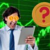 Radosny trader przegląda wyniki. W tle wykres wzrostu i tajemniczy token.