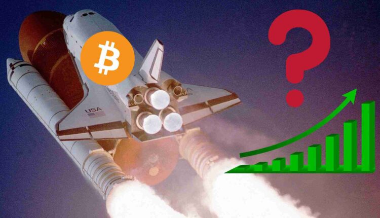 Rakieta Bitcoin lecąca w górę. Obok wykres wzrostu ze znakiem zapytania.
