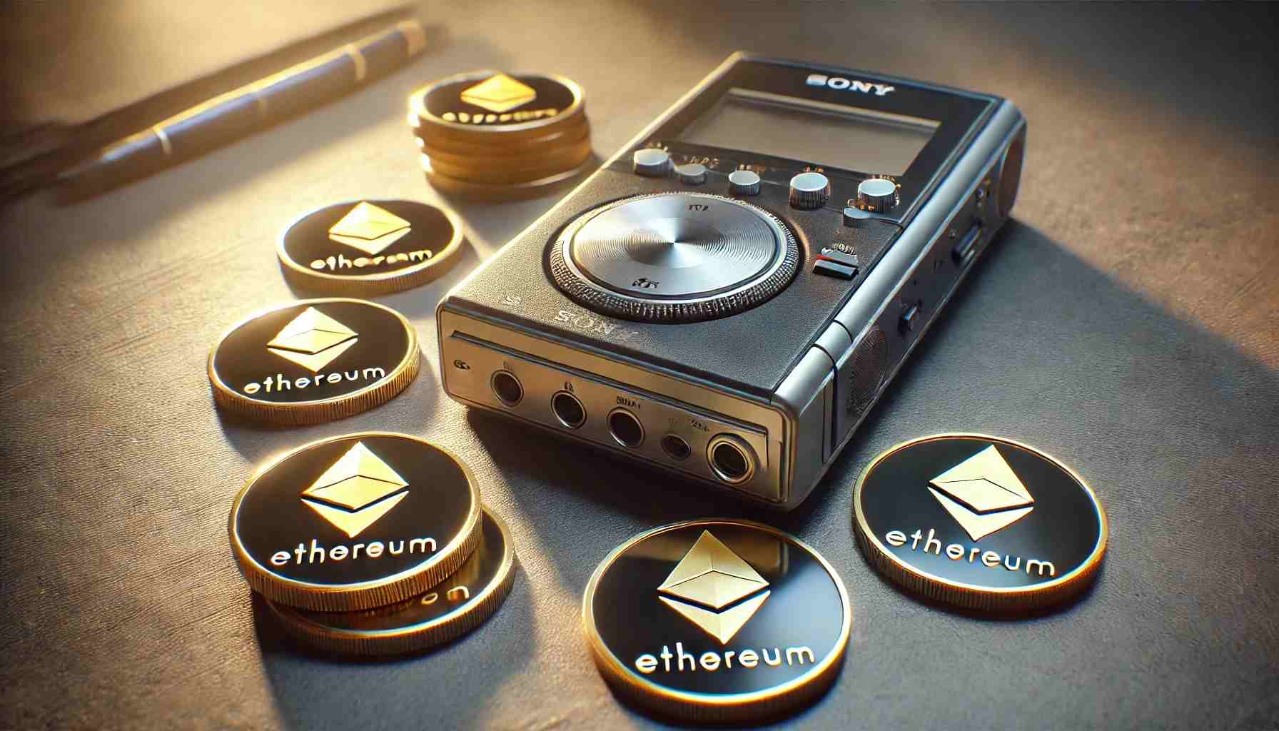 walkman firmy sony leżący obok monet ethereum